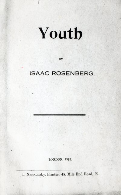 Page de titre de Youth, une collection de poèmes par Isaac Rosenberg, première édition 1915 - English School