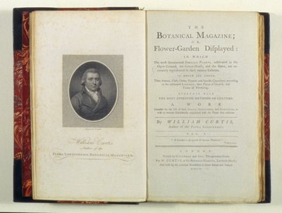 Page de titre avec portrait de William Curtis (1749-99), de The Botanical Magazine or Flower-Garden Displayed, par William Curtis, publié en 1790 - English School