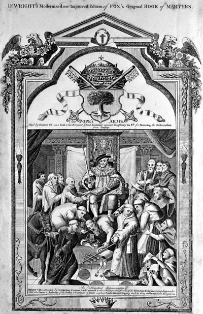 Page de titre, Les Armes du Pape de The New and Complete Book of Martyrs, par Paul Wright - English School