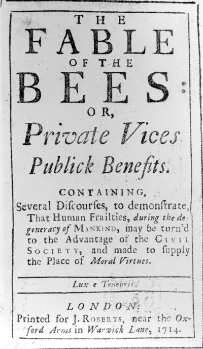 Page de titre pour The Fable of the Bees par Bernard de Mandeville, 1714 - English School