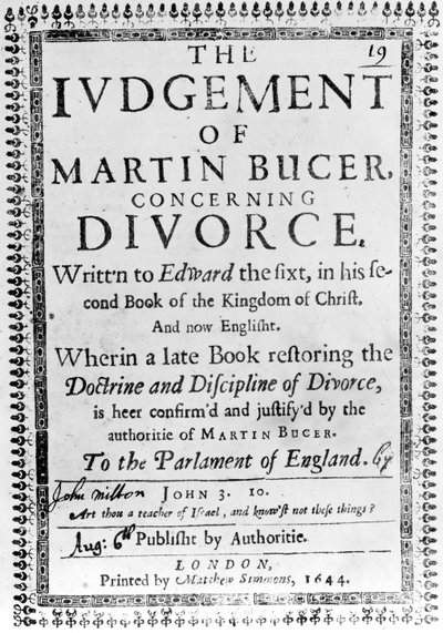Page de titre de Le Jugement de Martin Bucer concernant le divorce par John Milton, publié en 1644 - English School