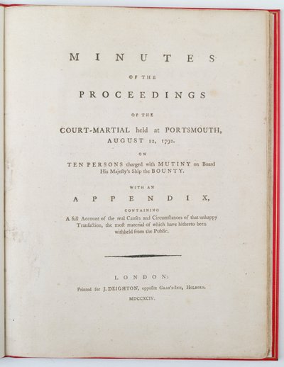 Page de titre des Minutes des procédures de la cour martiale tenue à Portsmouth, le 12 août 1792, publiée à Londres, 1794 - English School