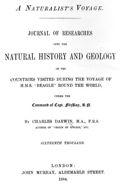 Page de titre de A Naturalists Voyage Around the World par Charles Darwin, édition publiée en 1884 - English School