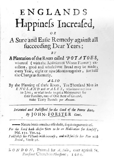 Page de titre de Englands Happiness Increased par John Forster, publié en 1664 - English School