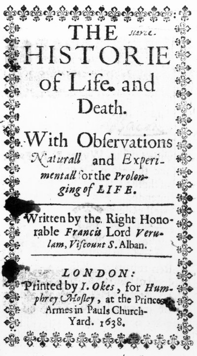 Page de titre de The History of Life and Death de Francis Bacon, publié en 1638 - English School