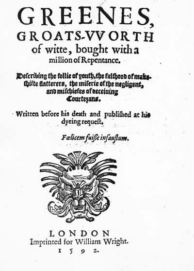 Page de titre de Greenes Groats-Worth of Wit, attribué à Robert Greene, publié en 1592 - English School