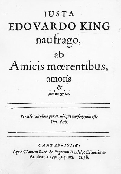Page de titre de Justa Edouardo King naufrago ab Amicis moerentibus, amoris & ..., publiée en 1638 - English School
