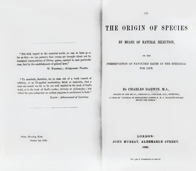 Page de titre de On the Origin of Species par Charles Darwin, publié en 1859 - English School