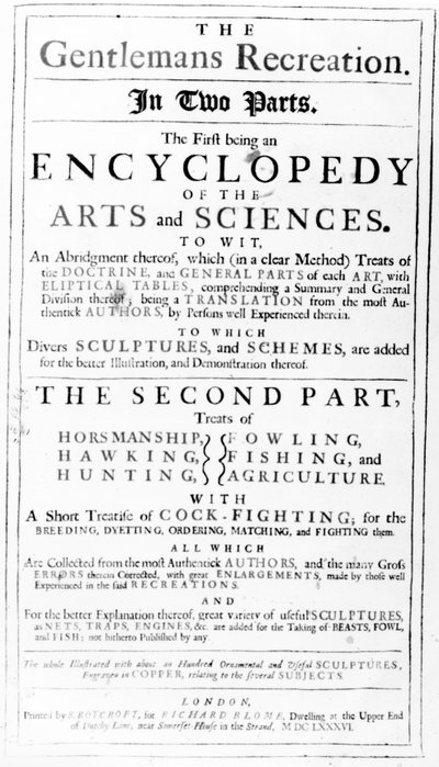 Page de titre de The Gentlemans Recreation publié par Richard Blome, 1686 - English School