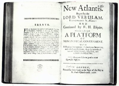 Pages de titre de New Atlantis de Francis Bacon, édition publiée en 1660 - English School
