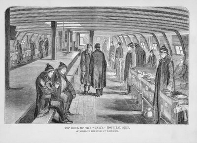 Pont supérieur du navire-hôpital Unite attaché aux hulks à Woolwich, extrait de The Criminal Prisons of London and Scenes of Prison Life par Henry Mayhew et John Binny, 1862 - English School