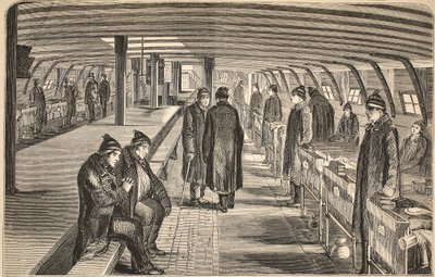 Pont supérieur du navire-hôpital Unite, attaché aux hulks à Woolwich, illustration de The Criminal Prisons of London and Scenes from Prison Life par Henry Mayhew et John Binny, pub. 1862 (gravure) - English School