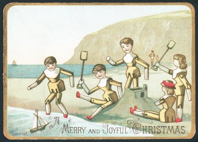 Jouets jouant sur la plage, carte de Noël - English School