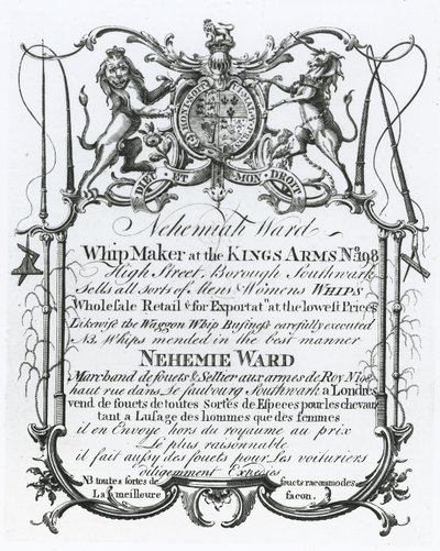 Carte de visite pour Nehemiah Ward, fabricant de fouets à Southwark - English School