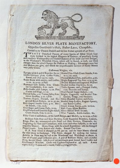 Carte de visite pour la London Silver Plate Manufactory, 1788 - English School