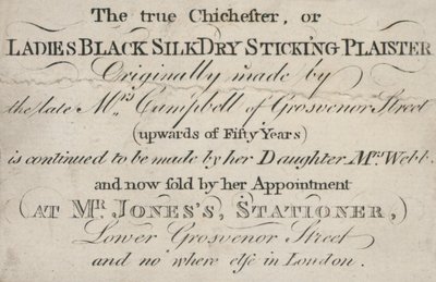 Carte de visite de The True Chichester, ou Ladies Black Silk Dry Sticking Plaister - English School