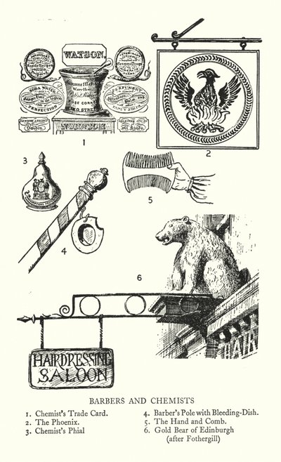 Enseignes commerciales : Barbiers et pharmaciens (lithographie) - English School