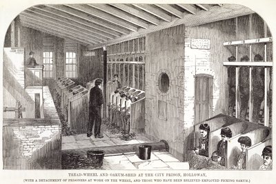 Roue à aubes et hangar à chêne à la prison de la ville, Holloway, extrait de The Criminal Prisons of London and Scenes of Prison Life par Henry Mayhew et John Binny, 1862 - English School