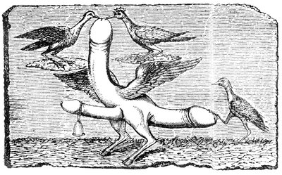 Triple phallus avec des ailes, des jambes et des pieds de chèvre, une cloche, des ailes, deux oiseaux picorant le plus grand pénis et un autre oiseau tenant la queue avec son pied - English School