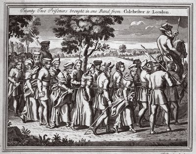 Vingt-deux prisonniers amenés en une seule bande de Colchester à Londres, illustration des Martyrs de Foxe vers 1703 - English School