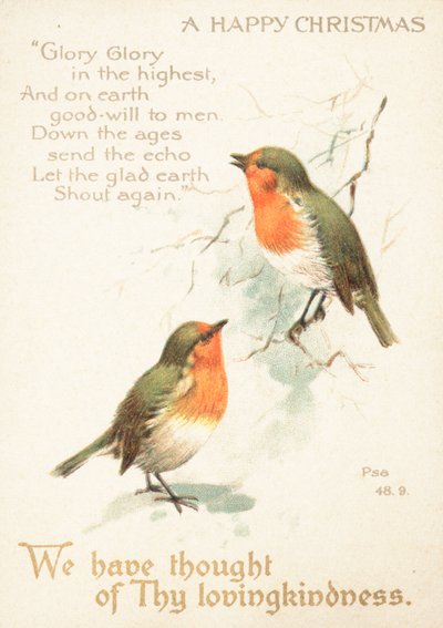 Deux rouges-gorges dans la neige, Carte de Noël - English School