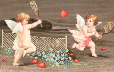 Deux chérubins jouant au tennis avec un cœur comme balle - English School