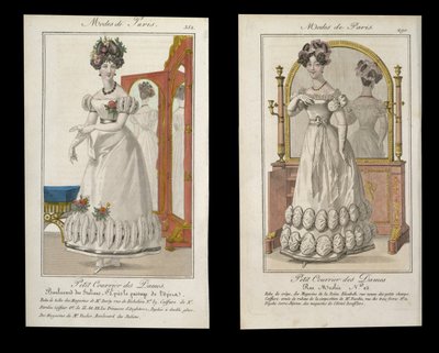 Deux planches de mode de dames en robe de soirée, publicités de Modes de Paris, c.1825 - English School