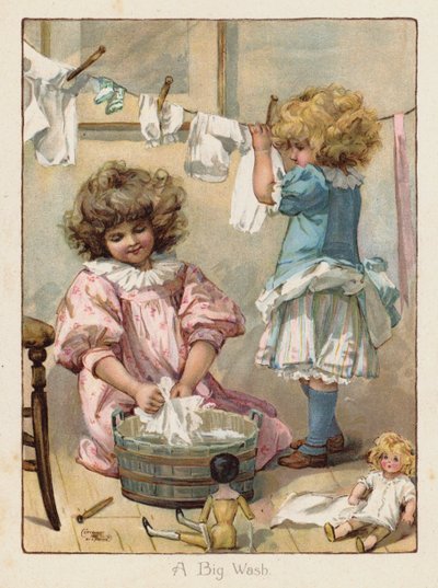 Deux petites filles lavant les vêtements de leurs poupées - English School