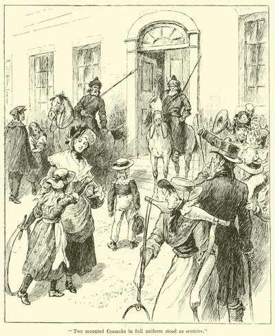 Deux cosaques montés en uniforme complet se tenaient comme sentinelles (gravure) - English School
