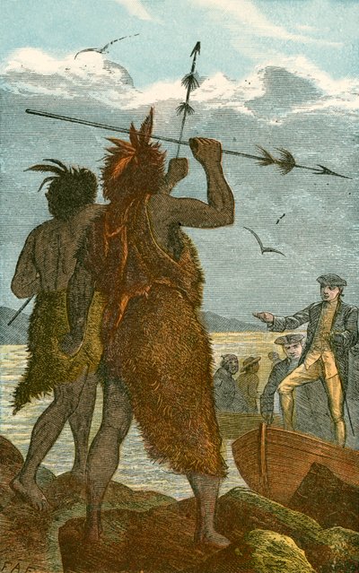 Deux indigènes disputent le débarquement du capitaine Cook - English School