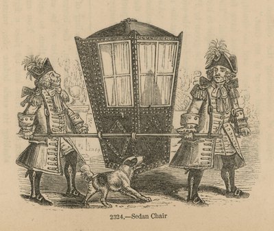 Deux hommes en uniforme portant une chaise à porteurs - English School
