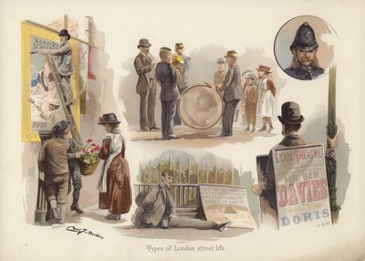 Types de vie de rue à Londres : afficheur, vendeur de fleurs, musiciens, mendiant, homme-sandwich, policier - English School
