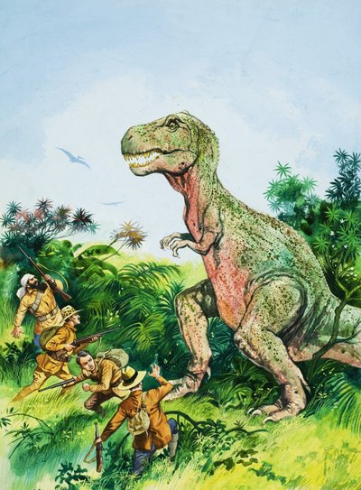 Tyrannosaurus Rex confrontant des hommes - English School