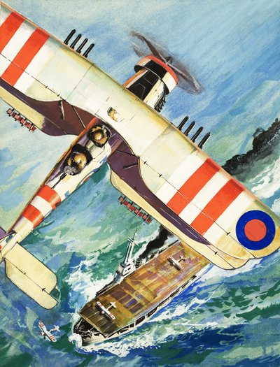 Biplan non identifié survolant un porte-avions - English School