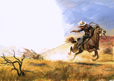 Cow-boy non identifié tirant sur un lion de montagne lassoé - English School