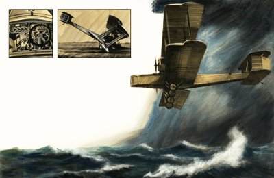 Biplan non identifié volant au-dessus des mers orageuses - English School