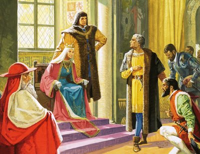 Scène non identifiée avec un homme agenouillé devant la reine et ses courtisans - English School