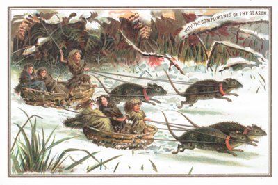 Gamins faisant une course de luge, carte de Noël - English School