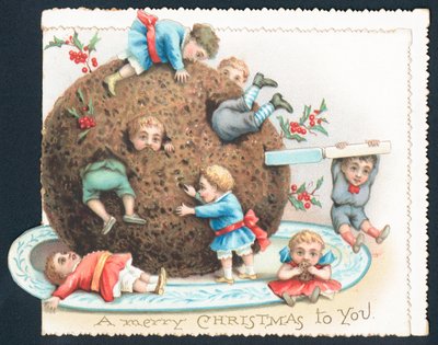 Gamins jouant avec un pudding aux prunes, Carte de Noël - English School