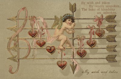 Carte de Saint-Valentin, avec Cupidon, flèche et partition musicale - English School