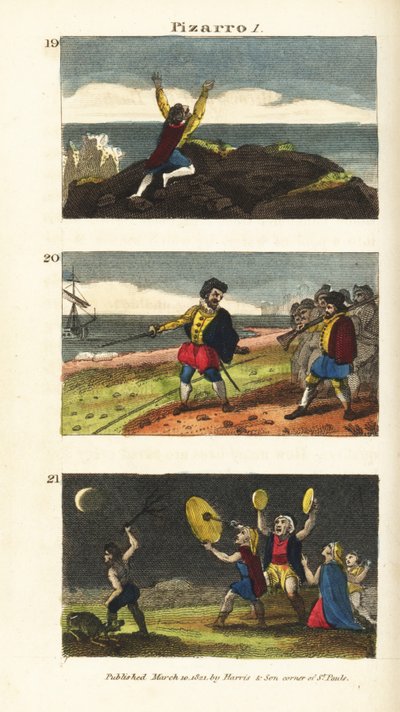 Vasco Nunez de Balboa atteignant le Pacifique, Francisco Pizarro séparant ses hommes par une ligne dans le sable sur l