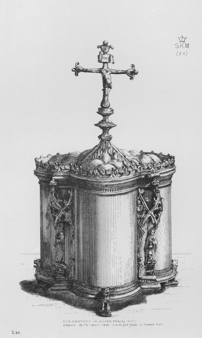 Musée Victoria et Albert : Chrismatoire en argent partiellement doré, allemand, vers 1490 (gravure) - English School
