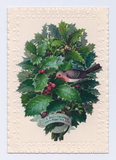 Carte de Noël et de Nouvel An victorienne avec un rouge-gorge dans un bouquet de feuilles de houx, vers 1880 (lithographie en couleur) - English School