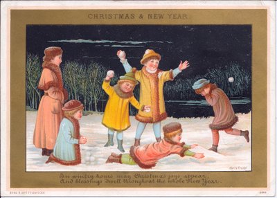 Carte de Noël et de Nouvel An victorienne avec des enfants jouant dans la neige et lançant des boules de neige, vers 1880 (lithographie en couleur) - English School