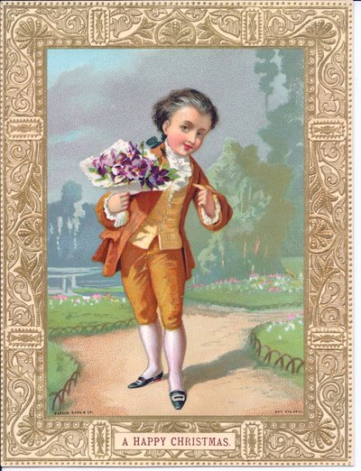Carte de Noël victorienne avec un jeune garçon habillé en vêtements victoriens tenant un bouquet de fleurs, vers 1880 (lithographie en couleur) - English School