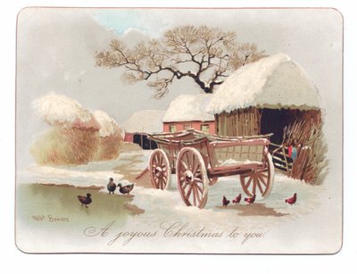 Carte de Noël victorienne avec des canards et des poules près d