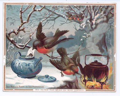 Carte de Nouvel An victorienne de rouges-gorges préparant du thé par une nuit d