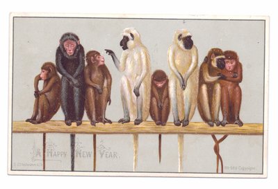 Carte de vœux victorienne du Nouvel An avec huit singes sur un rebord, vers 1880 - English School