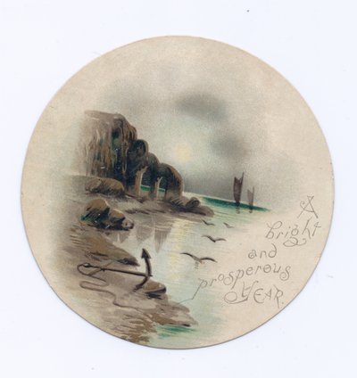 Carte de Nouvel An victorienne circulaire avec un paysage marin et deux yachts par une nuit de clair de lune, vers 1880 (lithographie en couleur) - English School
