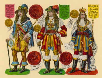 Découpure victorienne : Roi Charles II, Roi Jacques II, Roi Guillaume III - English School